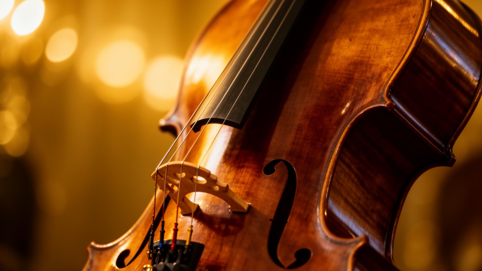 Close-up of a cello with warm golden lighting